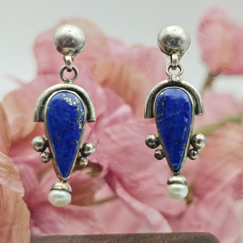 Blue Lapis & Pearl Sterling Silver Handmade Boho Style Post Earrings